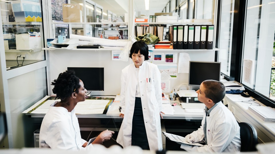 Three female scientists discussing their research